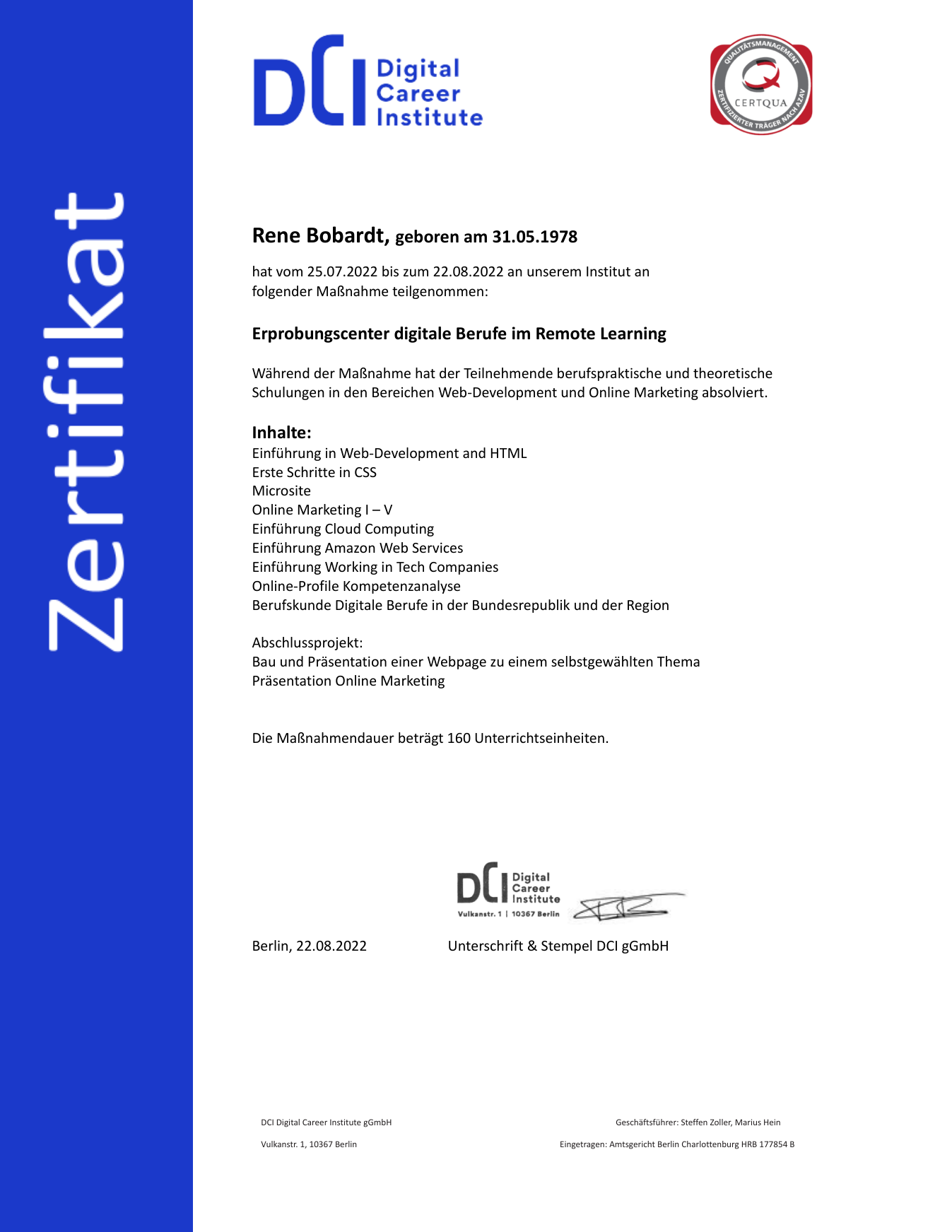 Digital Career Institute certificate