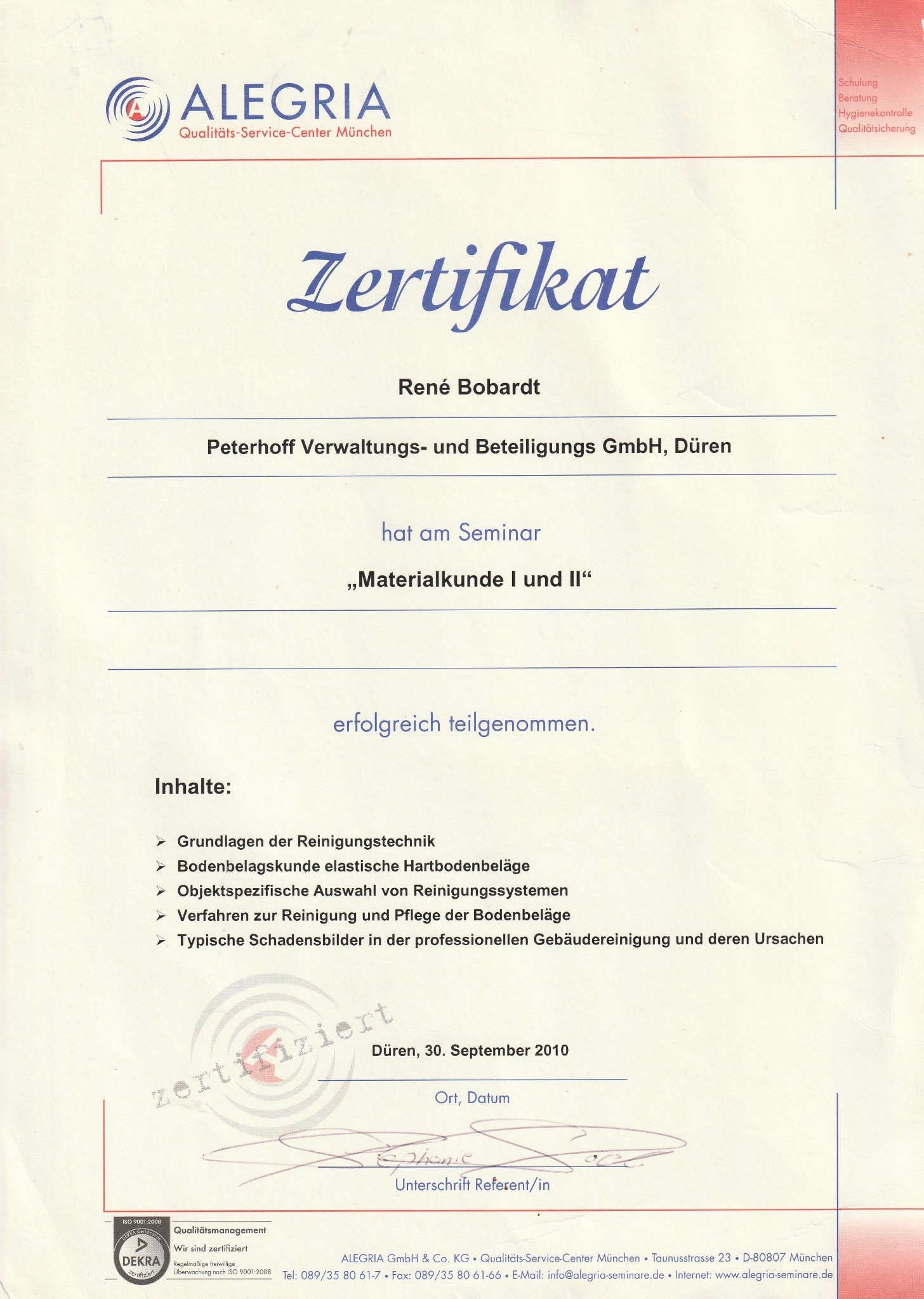 Materialkunde I und II certificate