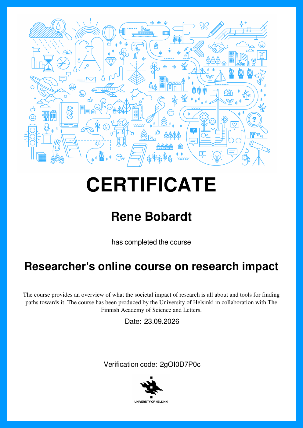 Certificate for Researcher's online course on research impact from the University of Helsinki